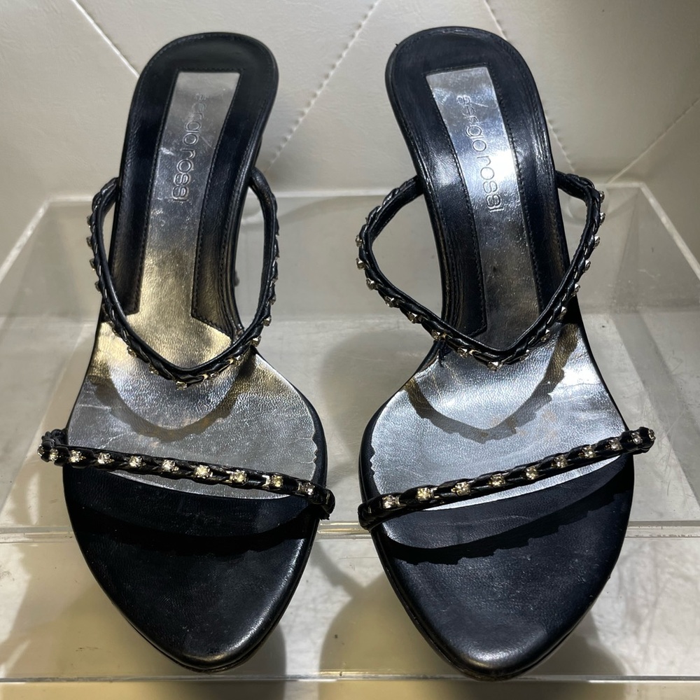 Sergio Rossi leather crystal emblellished side sandals sz 37.5 made in italy